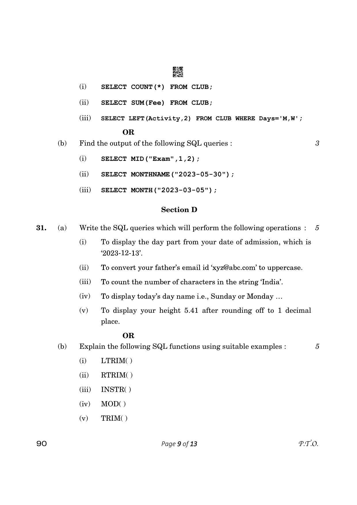 CBSE Class 12 Informatics Practices (Compartment) 2023 Question Paper - Page 9