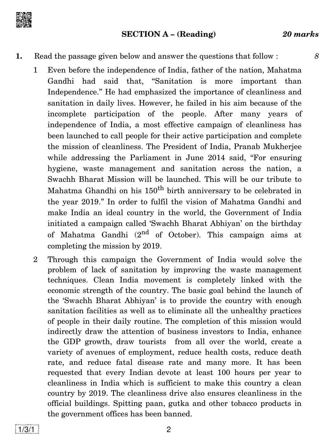 CBSE Class 10 1-3-1 ENGLISH COMMUNICATIVE 2019 Question Paper - Page 2