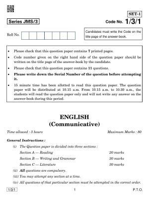 CBSE Class 10 1-3-1 ENGLISH COMMUNICATIVE 2019 Question Paper