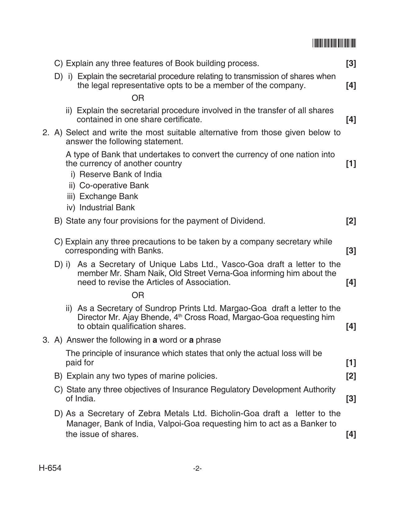 Goa Board Class 12 Secretarial Practice  654 Old Pattern (June 2018) Question Paper - Page 2