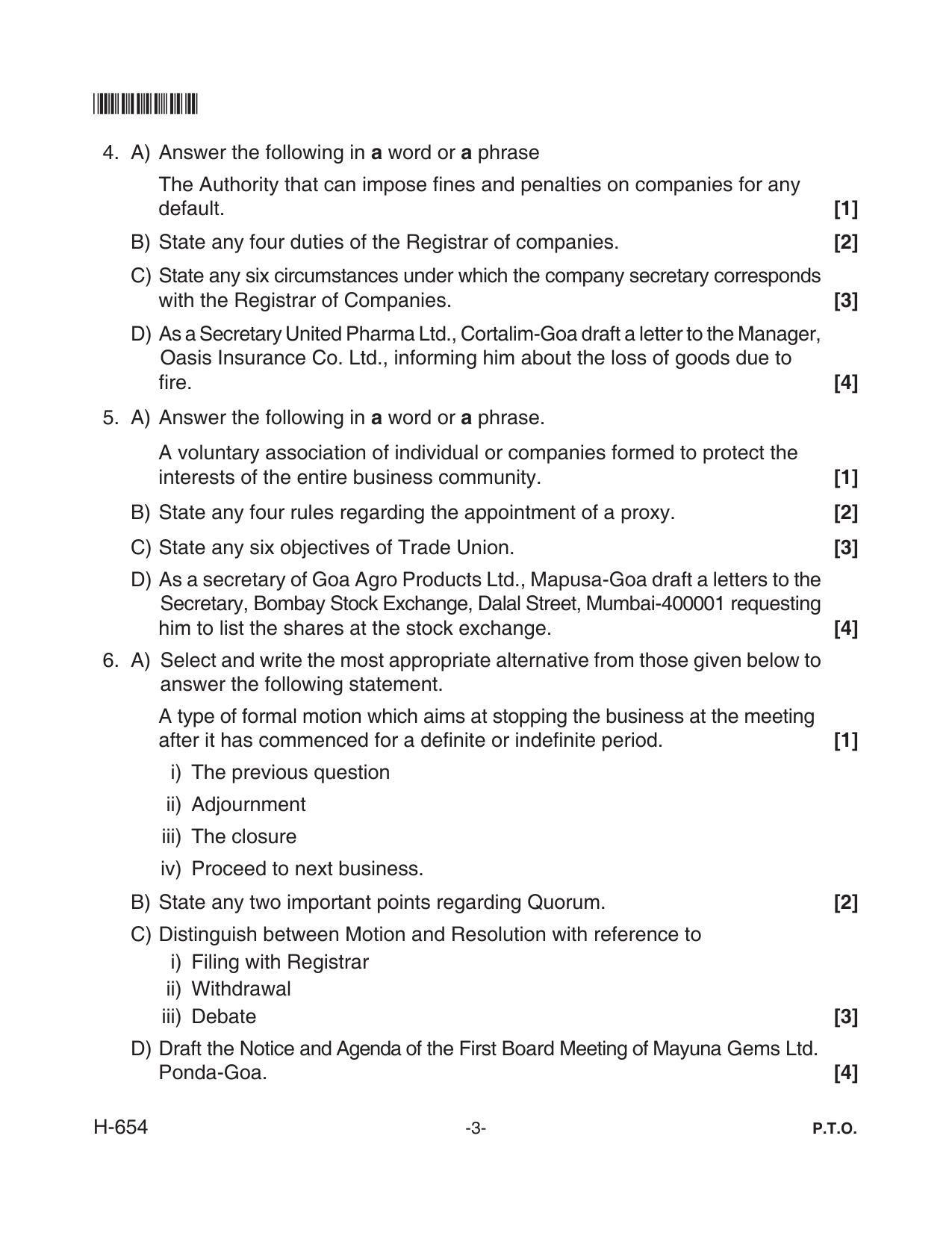 Goa Board Class 12 Secretarial Practice  654 Old Pattern (June 2018) Question Paper - Page 3