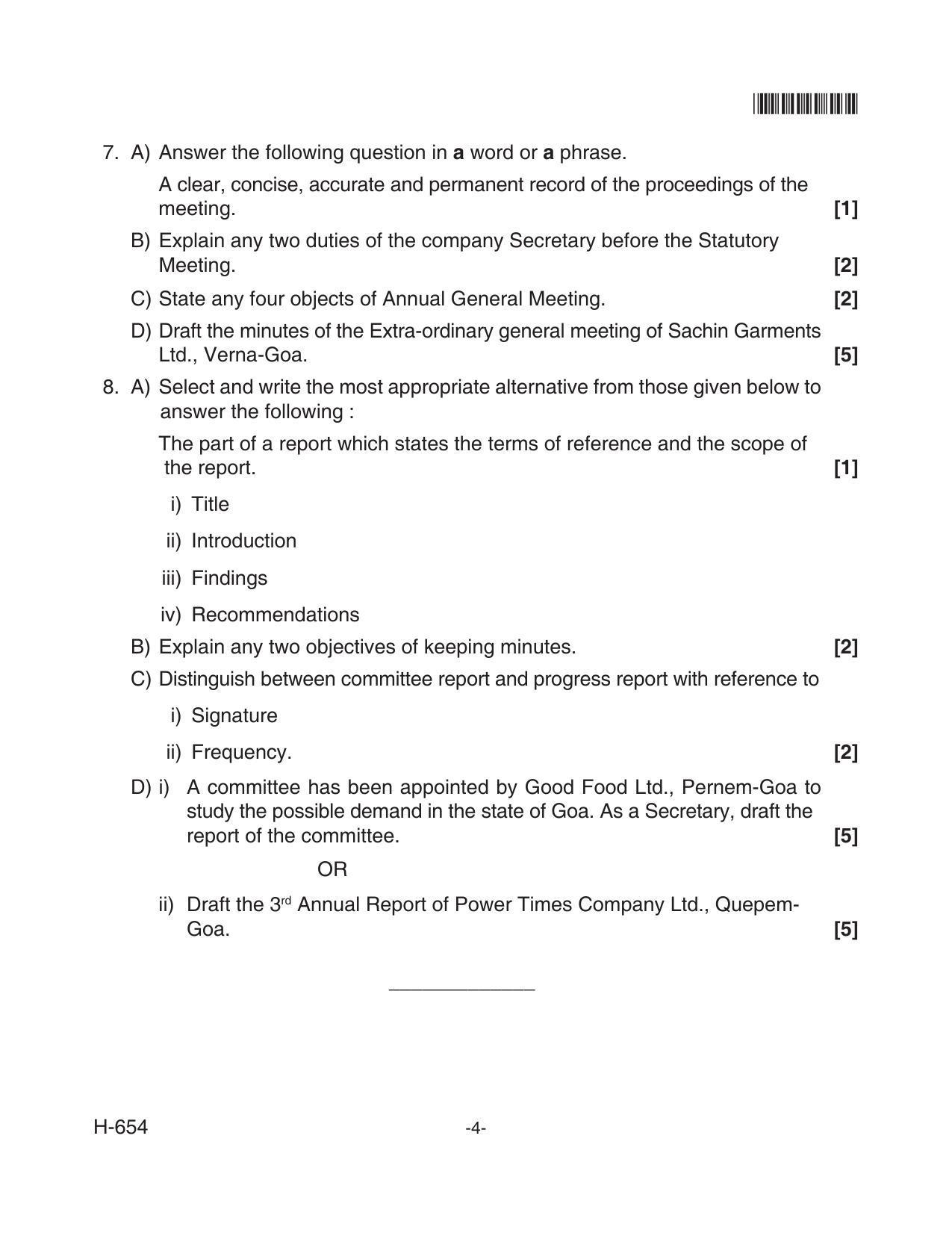 Goa Board Class 12 Secretarial Practice  654 Old Pattern (June 2018) Question Paper - Page 4