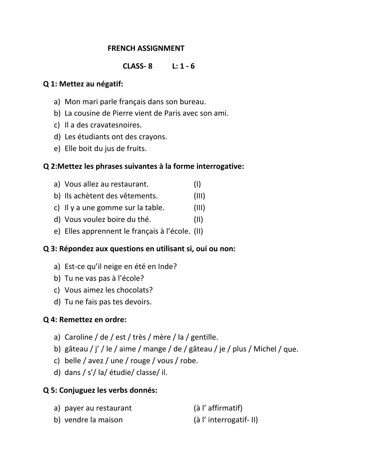 CBSE Worksheets for Class 8 French Assignment 13 - Page 1