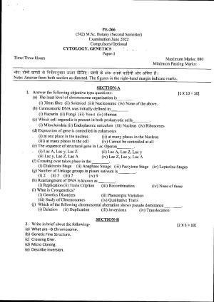 Bilaspur University Question Paper June 2022:M.Sc. Botany (Second Semester) Cytology,Genetics And Cytogenetic (For ATKT)/ Cytology & Genetics(Regular) Paper 1