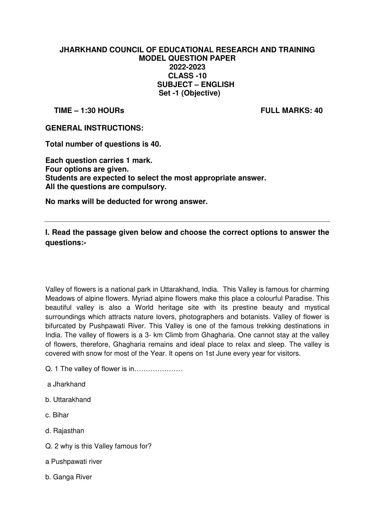 JAC Board Class 10th 2023 Model Paper (All Subject) - Page 1