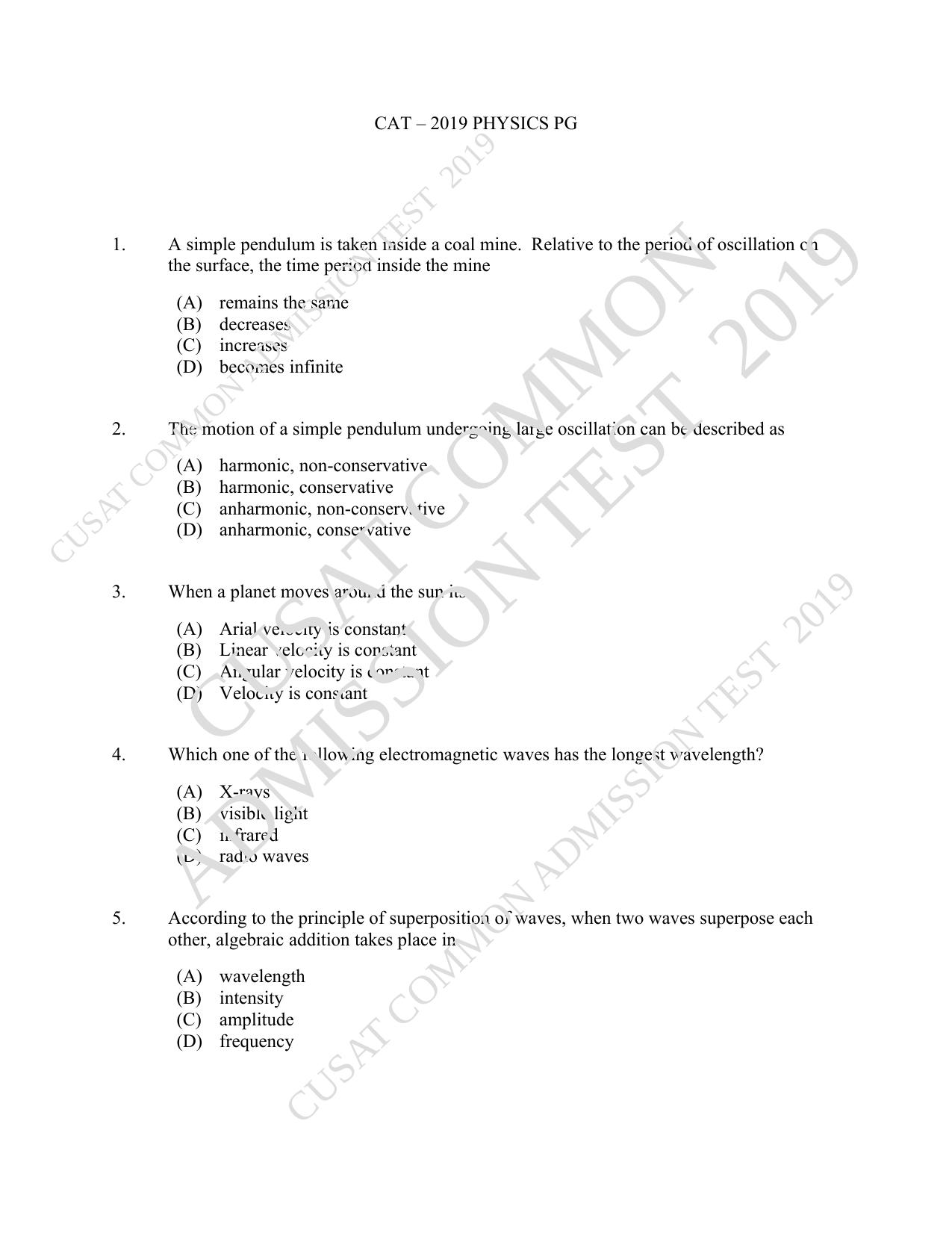 CUSAT CAT 2019 MSc Physics Question Paper With Answer Key - Page 1