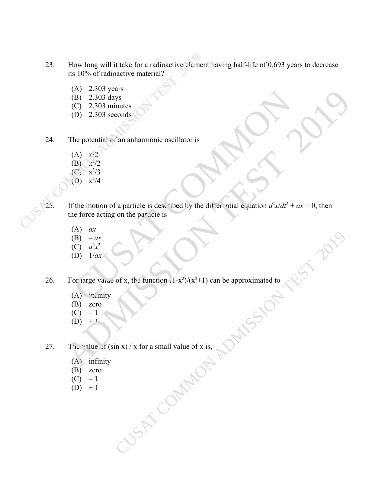 CUSAT CAT 2019 MSc Physics Question Paper With Answer Key - Page 5