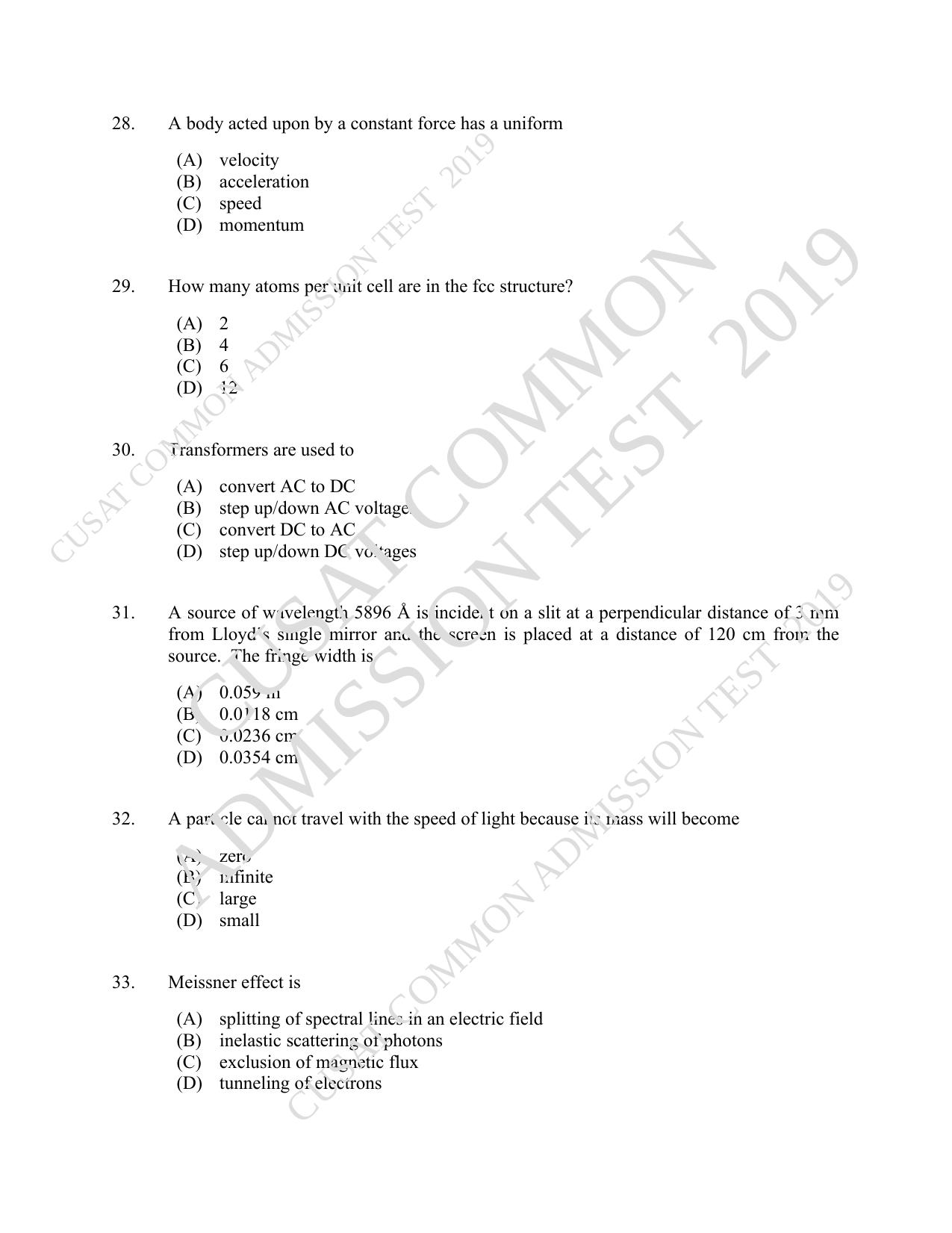 CUSAT CAT 2019 MSc Physics Question Paper With Answer Key - Page 6