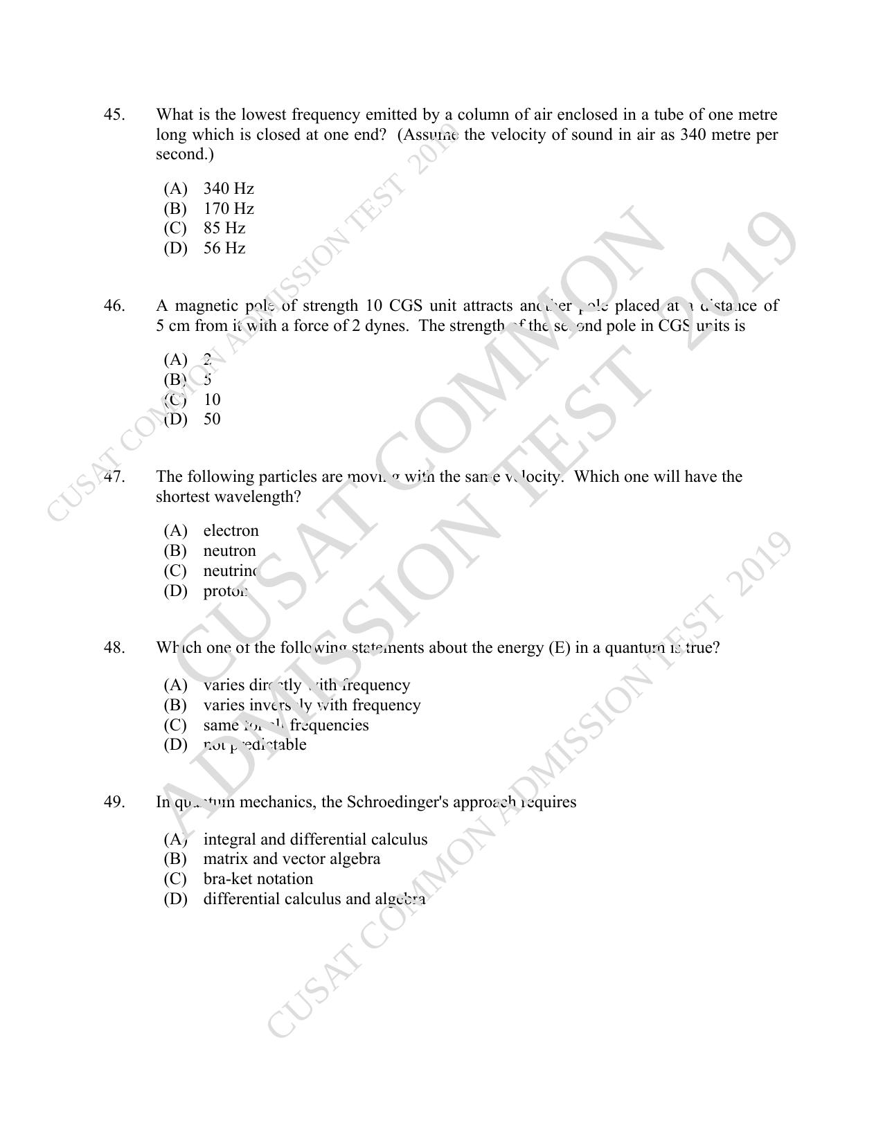 CUSAT CAT 2019 MSc Physics Question Paper With Answer Key - Page 9