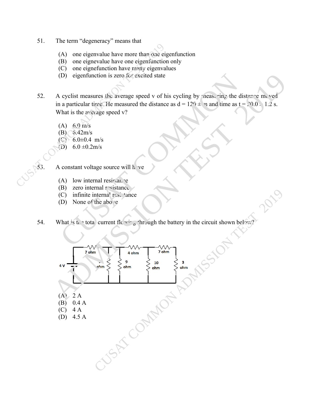 CUSAT CAT 2019 MSc Physics Question Paper With Answer Key - Page 11