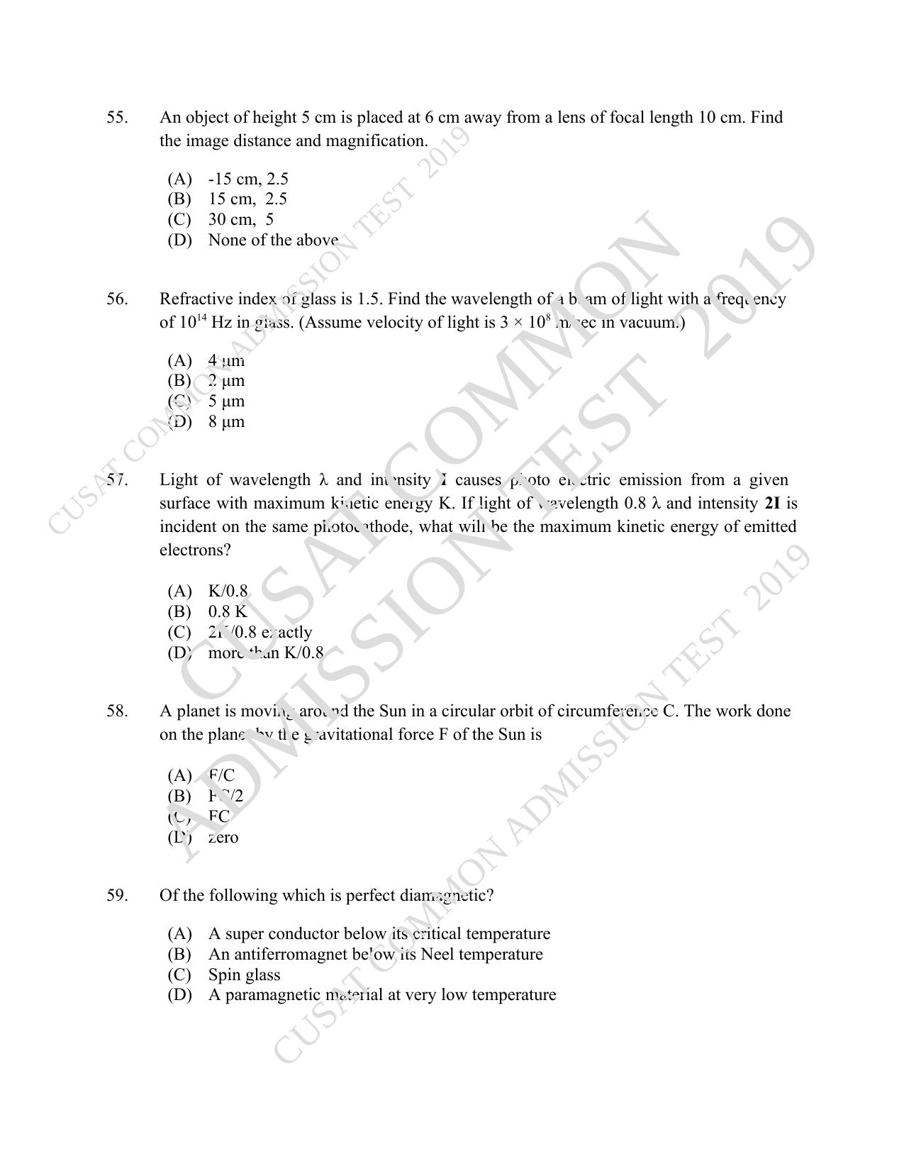 CUSAT CAT 2019 MSc Physics Question Paper With Answer Key - Page 12