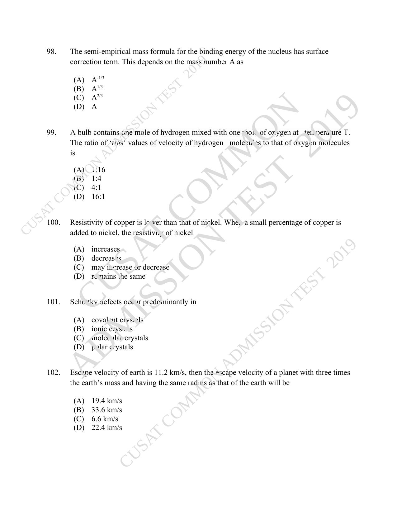 CUSAT CAT 2019 MSc Physics Question Paper With Answer Key - Page 23