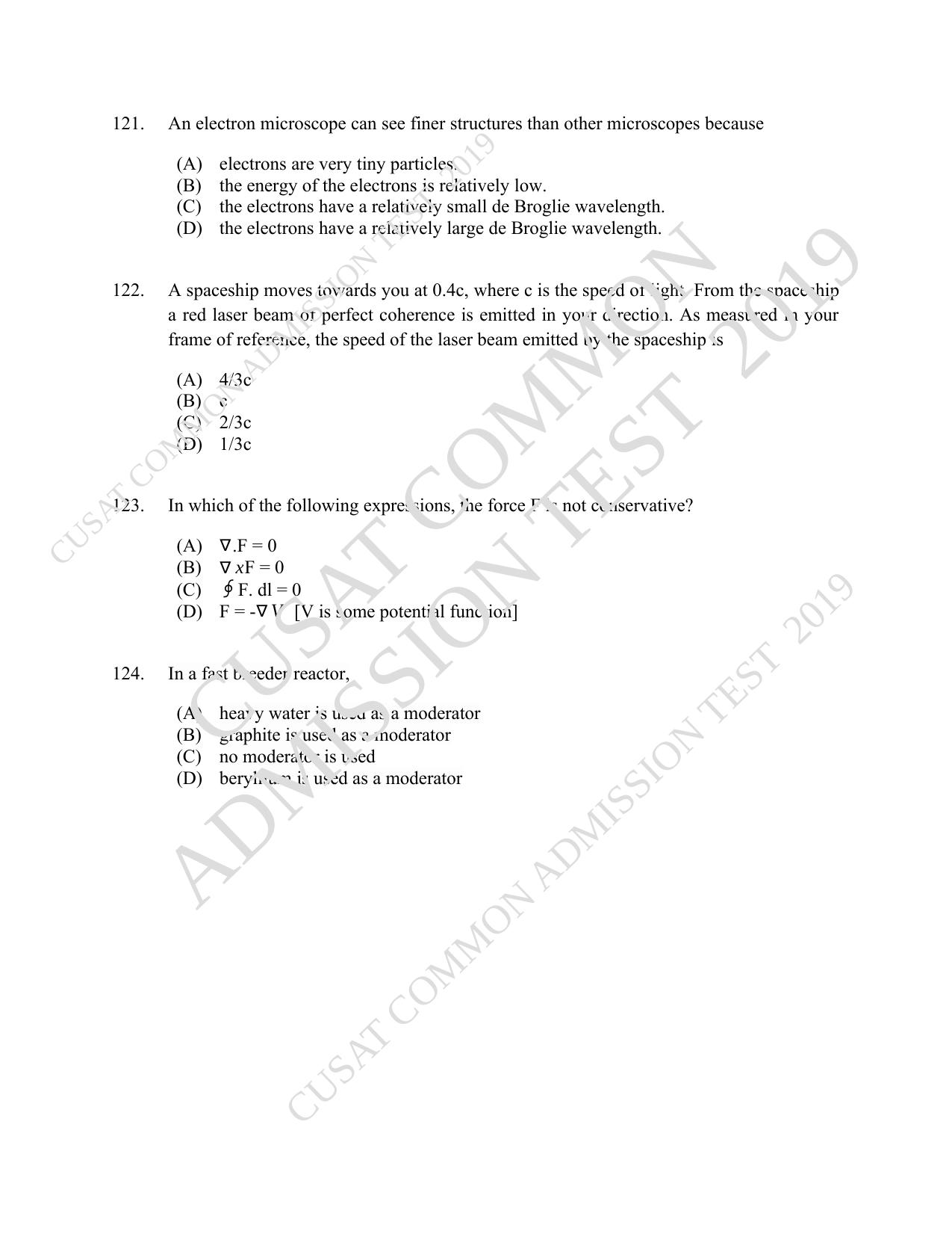 CUSAT CAT 2019 MSc Physics Question Paper With Answer Key - Page 28