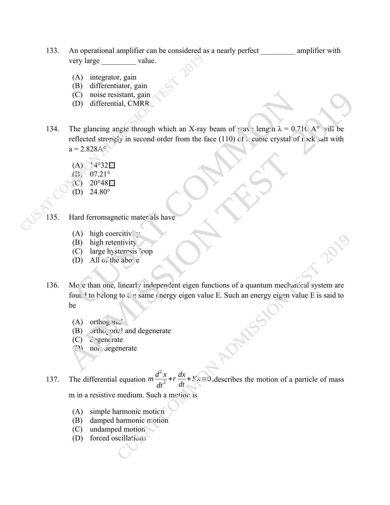 CUSAT CAT 2019 MSc Physics Question Paper With Answer Key - Page 31