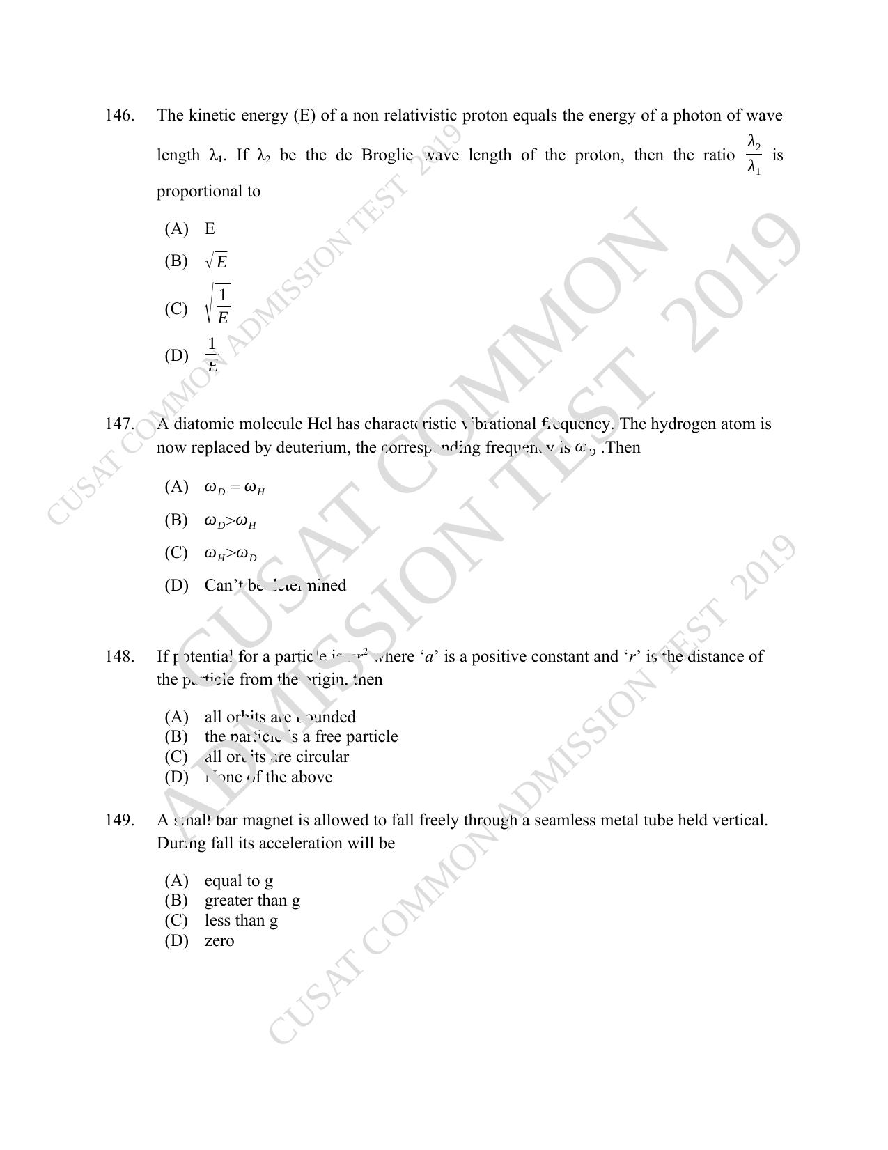 CUSAT CAT 2019 MSc Physics Question Paper With Answer Key - Page 35