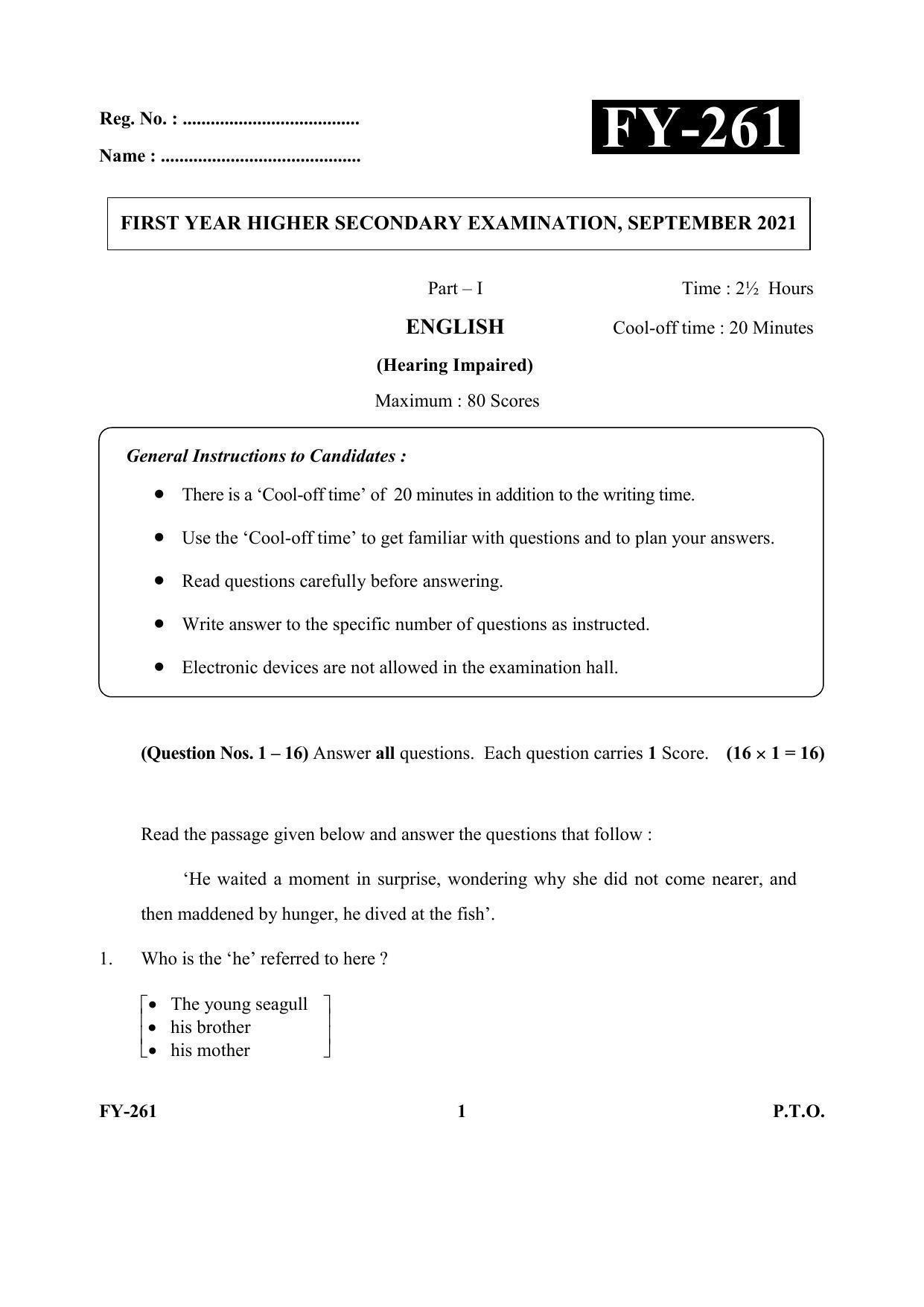 Kerala Plus One (Class 11th) Part-I English (Hearing Impaired) Question Paper 2021 - Page 1