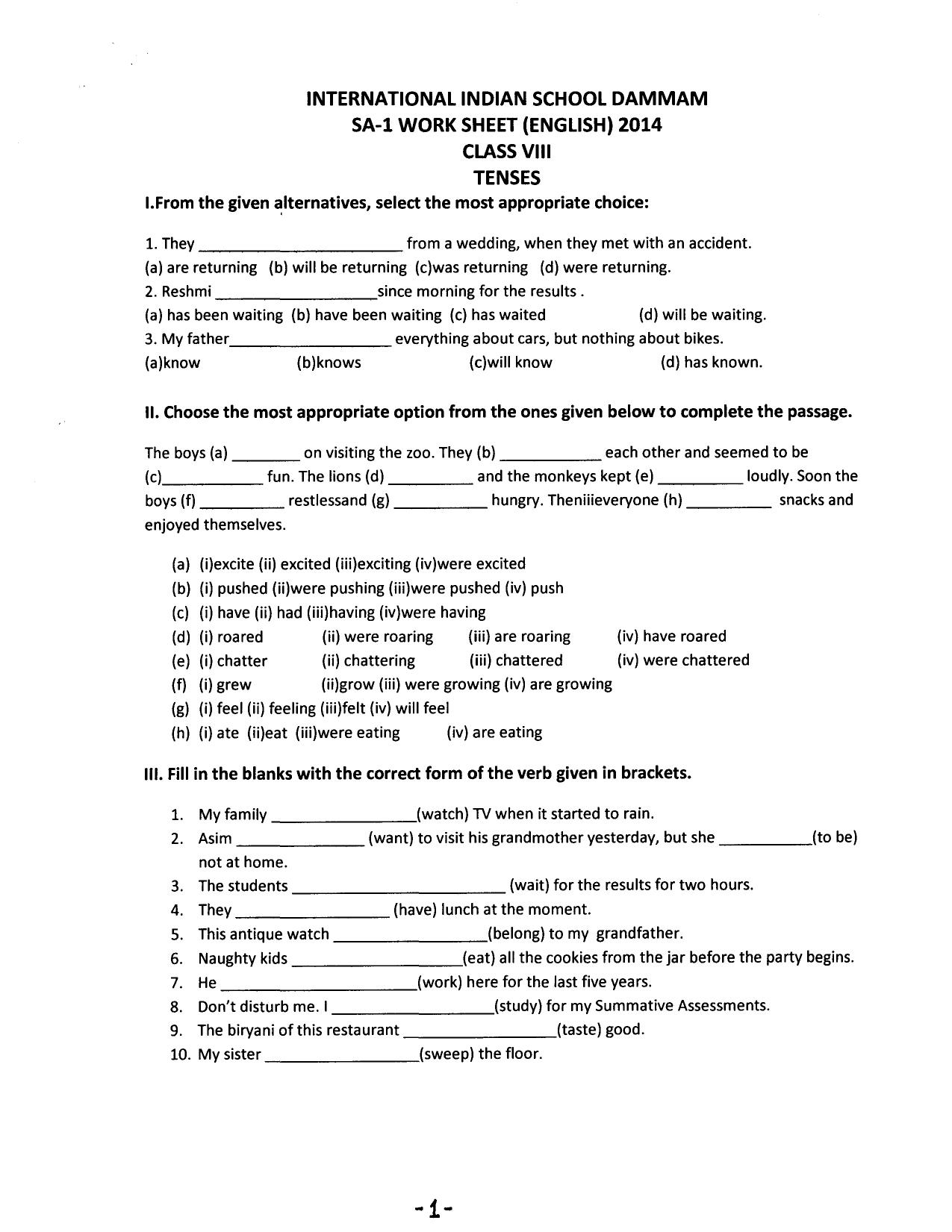 CBSE Class 8 English Worksheet SA1 Tenses Assignment - Page 1