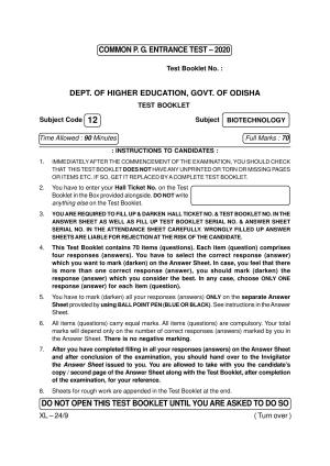 Odisha CPET BIOTECHNOLOGY 2020 Question Paper