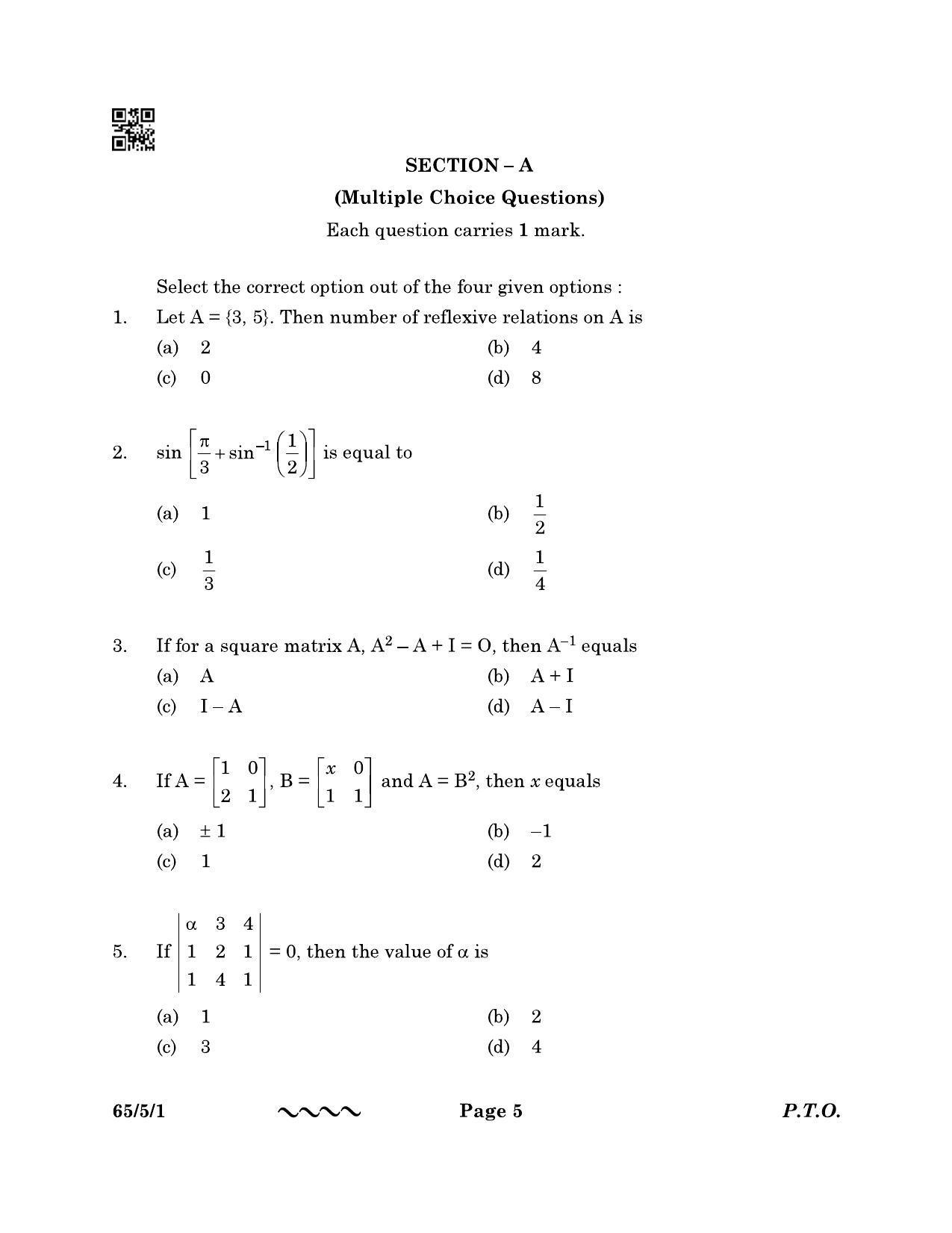 CBSE Class 12 65-5-1 MATHEMATICS 2023 Question Paper - Page 5