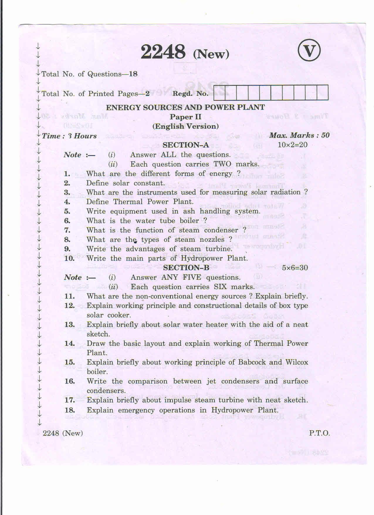 AP Inter 2nd Year Energy Sources Power Plant-II (new) March-2020-Vocational Question Pape - Page 1