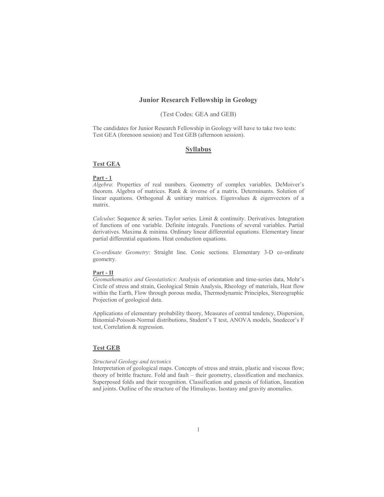 ISI Admission Test JRF in Geology Syllabus - Page 1
