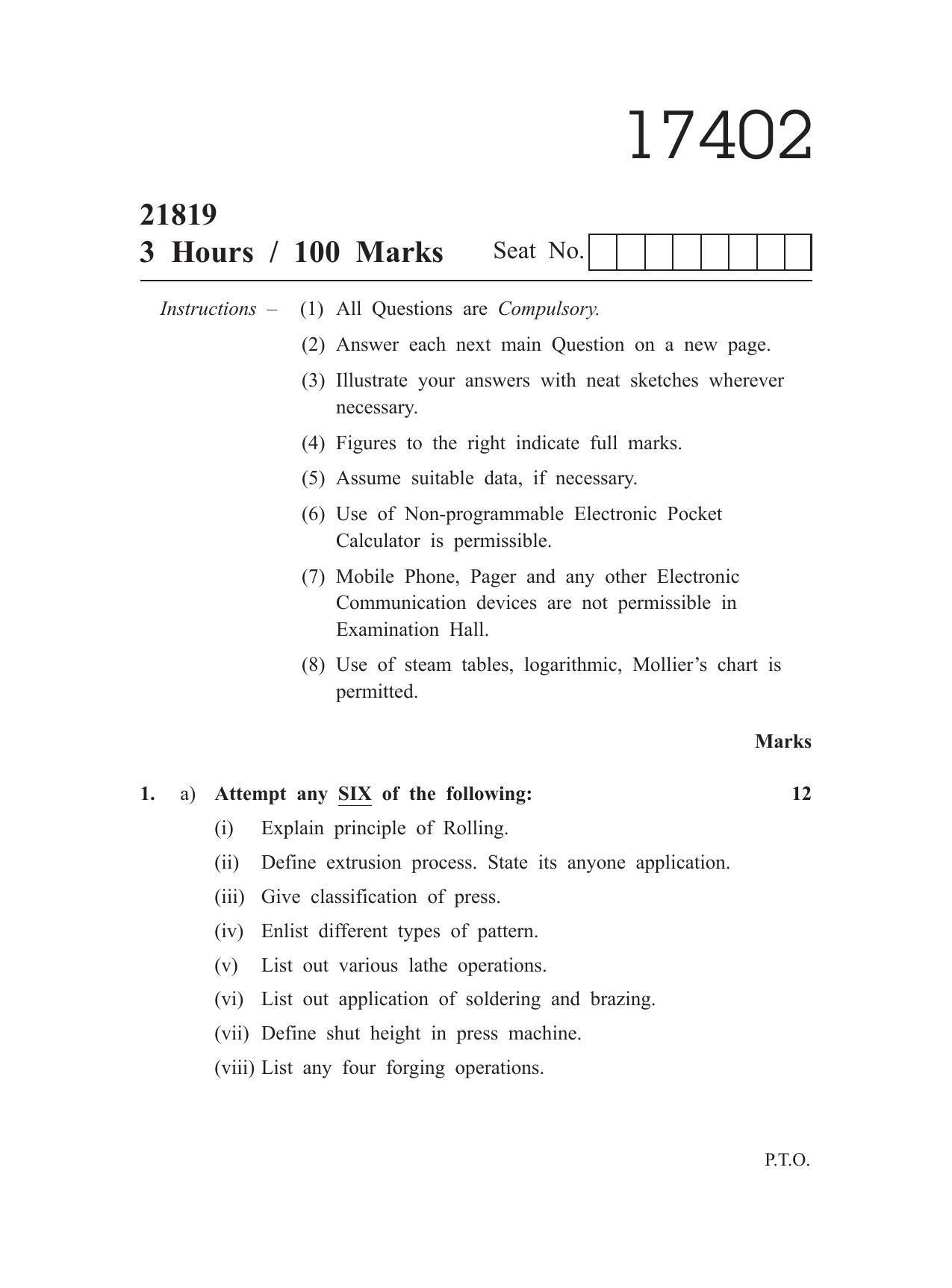 MSBTE Summer Question Paper 2019 - Manufacturing Processes - Page 1