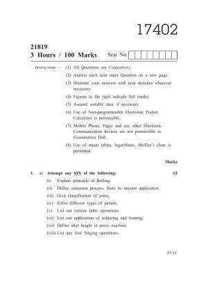 MSBTE Summer Question Paper 2019 - Manufacturing Processes