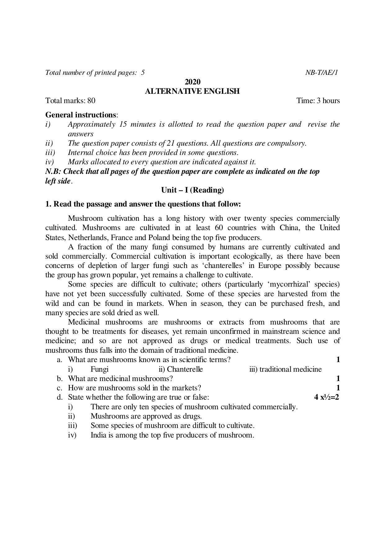 Nagaland Board Class 10 ALTERNATIVE ENGLISH 2020 Question Paper - Page 1