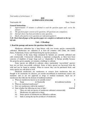 Nagaland Board Class 10 ALTERNATIVE ENGLISH 2020 Question Paper