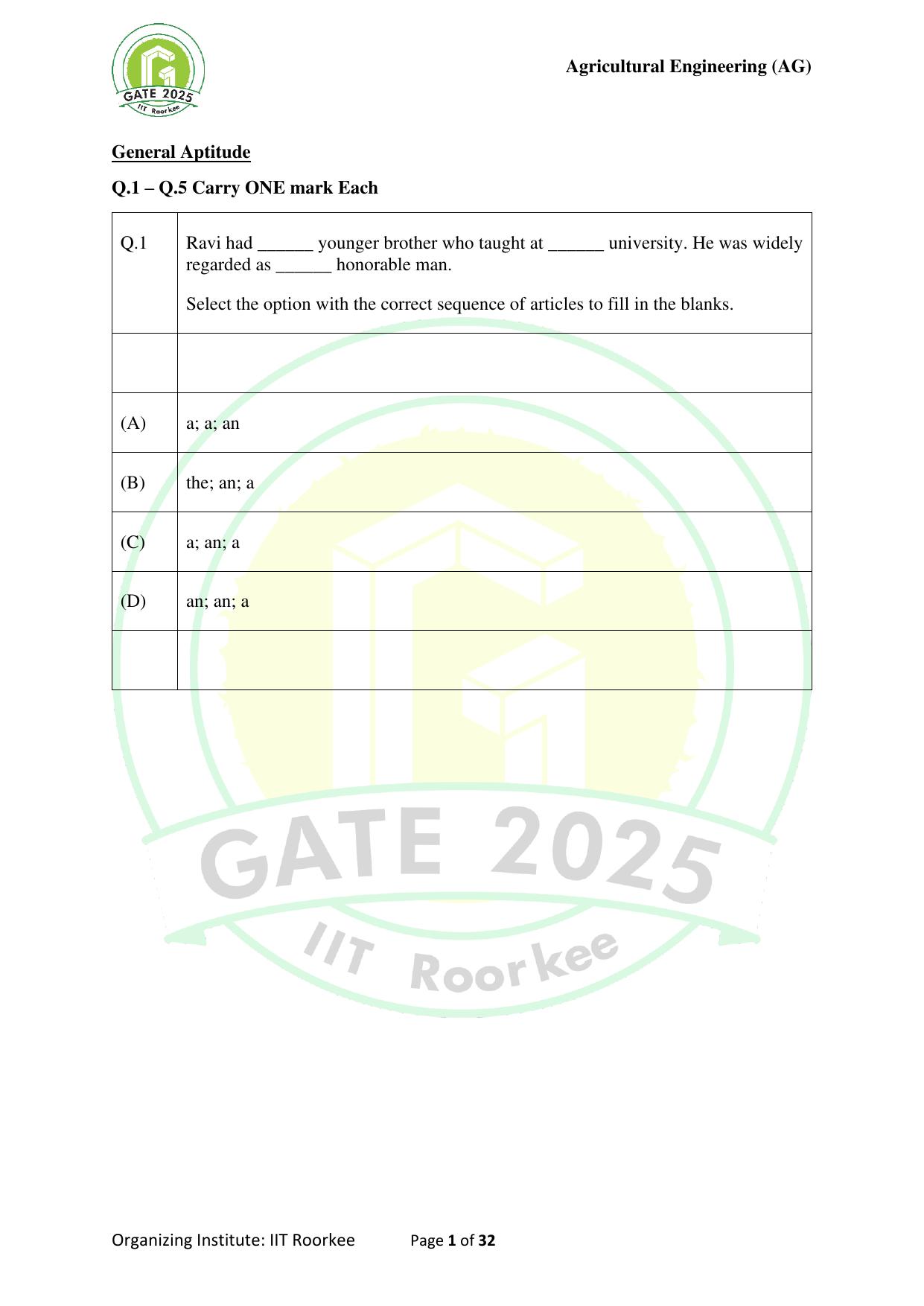 GATE 2025 Agricultural Engineering (AG) Question Paper - Page 1