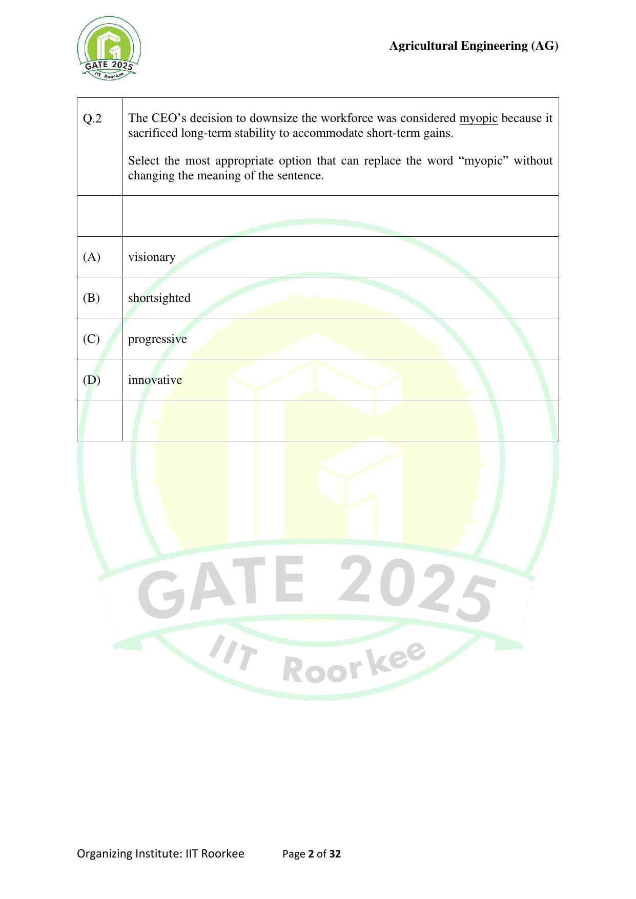 GATE 2025 Agricultural Engineering (AG) Question Paper - Page 2