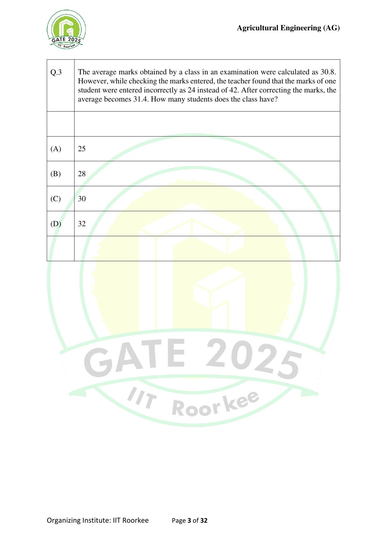 GATE 2025 Agricultural Engineering (AG) Question Paper - Page 3