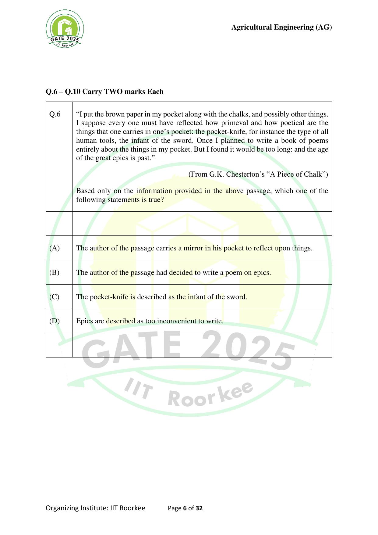 GATE 2025 Agricultural Engineering (AG) Question Paper - Page 6