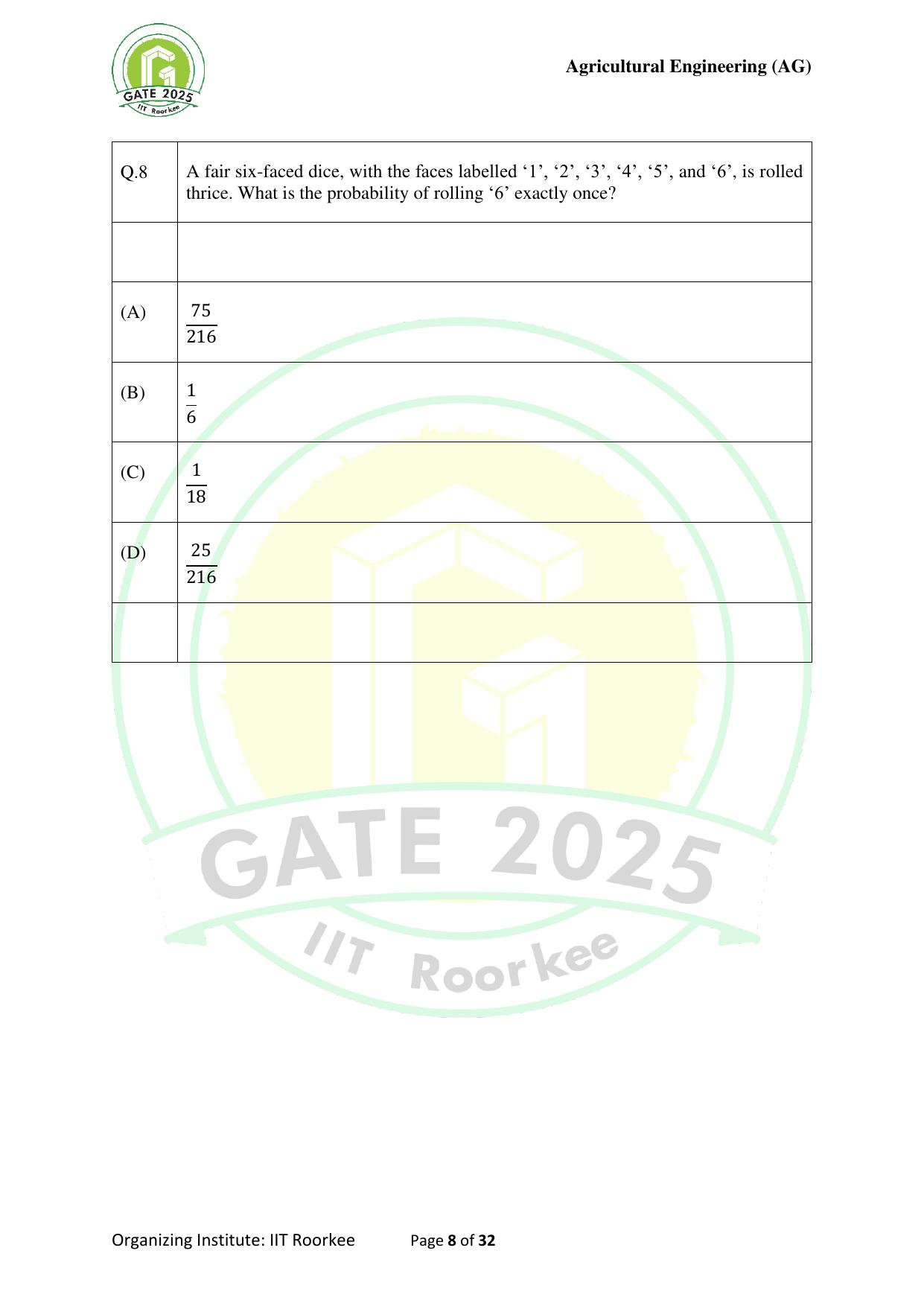 GATE 2025 Agricultural Engineering (AG) Question Paper - Page 8