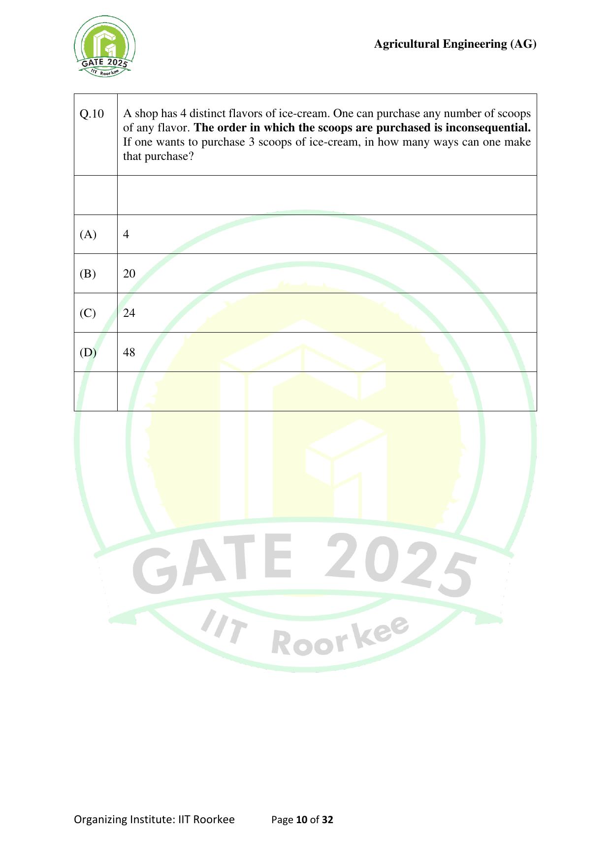 GATE 2025 Agricultural Engineering (AG) Question Paper - Page 10
