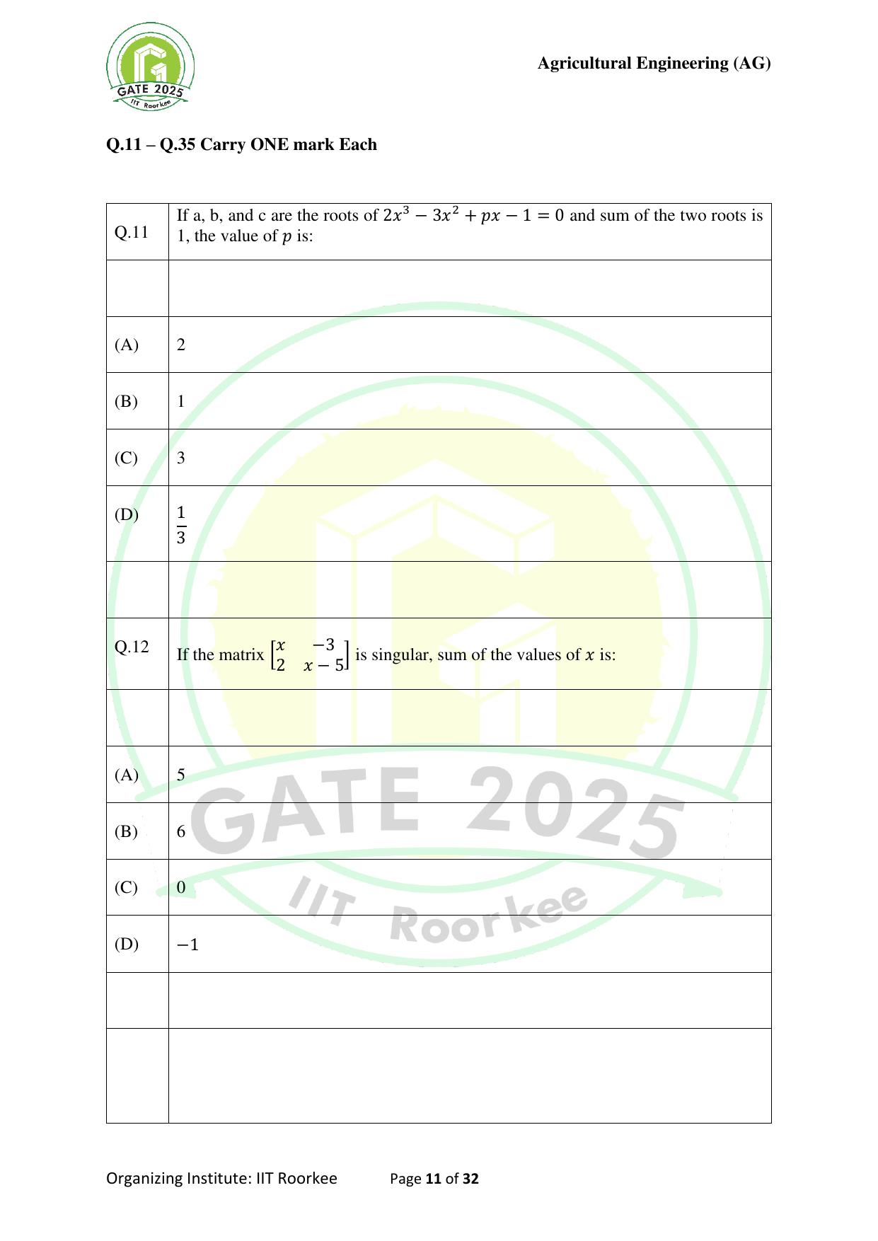 GATE 2025 Agricultural Engineering (AG) Question Paper - Page 11