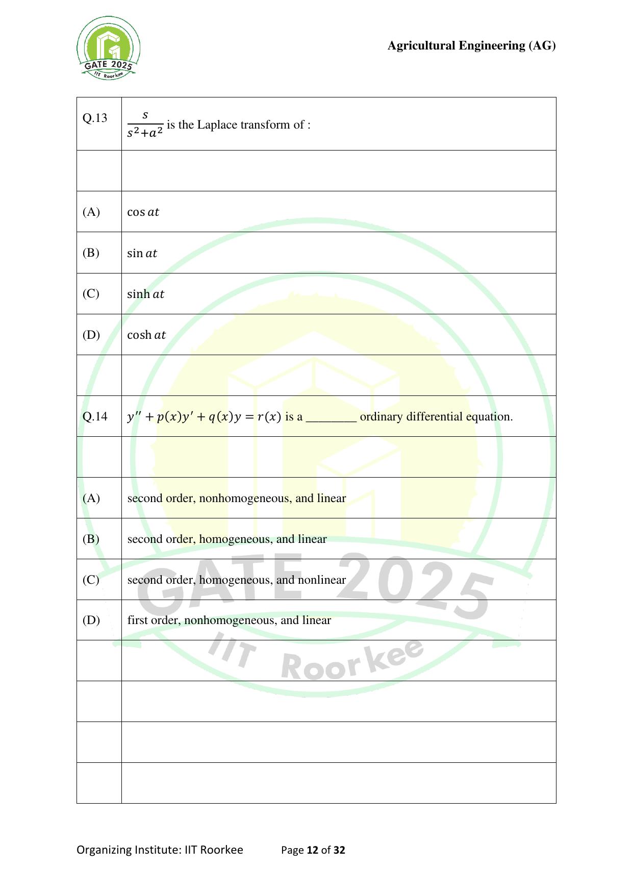 GATE 2025 Agricultural Engineering (AG) Question Paper - Page 12