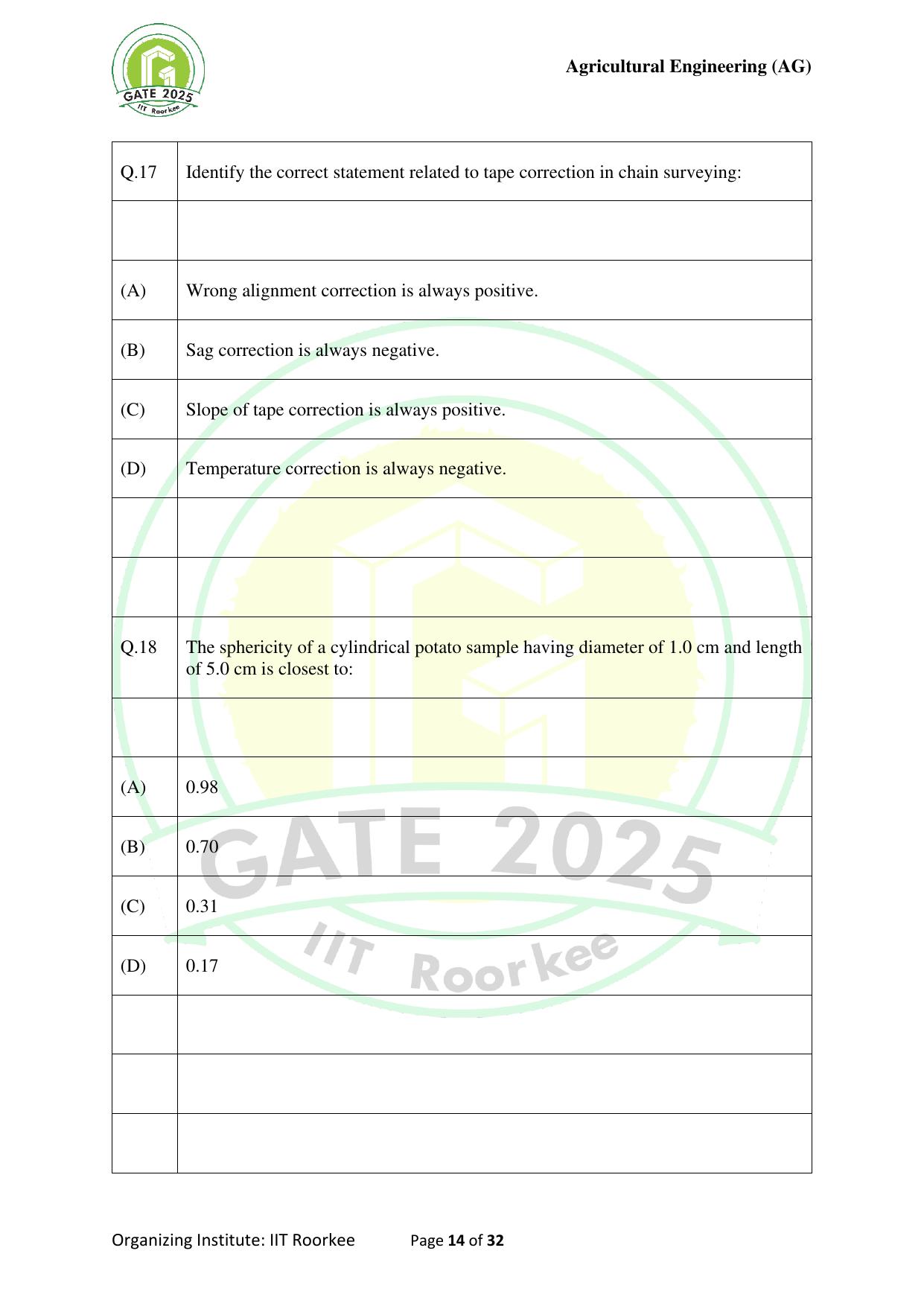 GATE 2025 Agricultural Engineering (AG) Question Paper - Page 14
