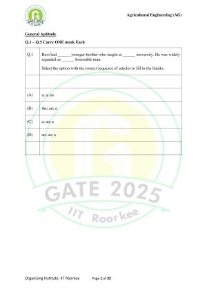 GATE 2025 Agricultural Engineering (AG) Question Paper