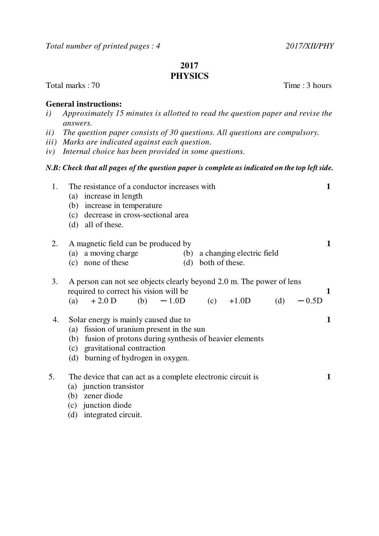 Nagaland Board Class 12 PHYSICS 2017 Question Papers - Page 1