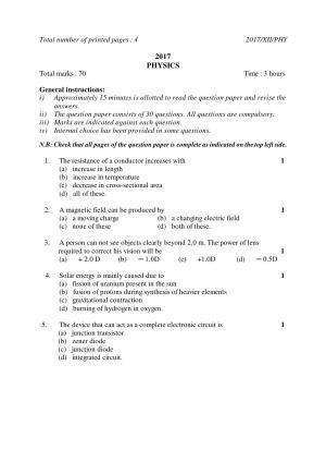 Nagaland Board Class 12 PHYSICS 2017 Question Papers