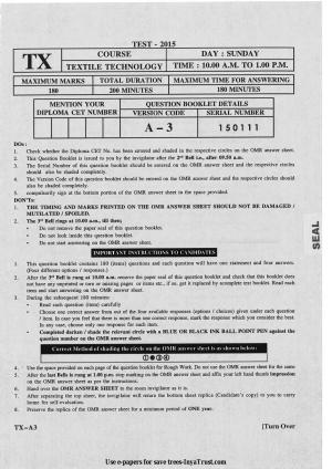 Karnataka Diploma CET- 2015 Textile Technology Question Paper