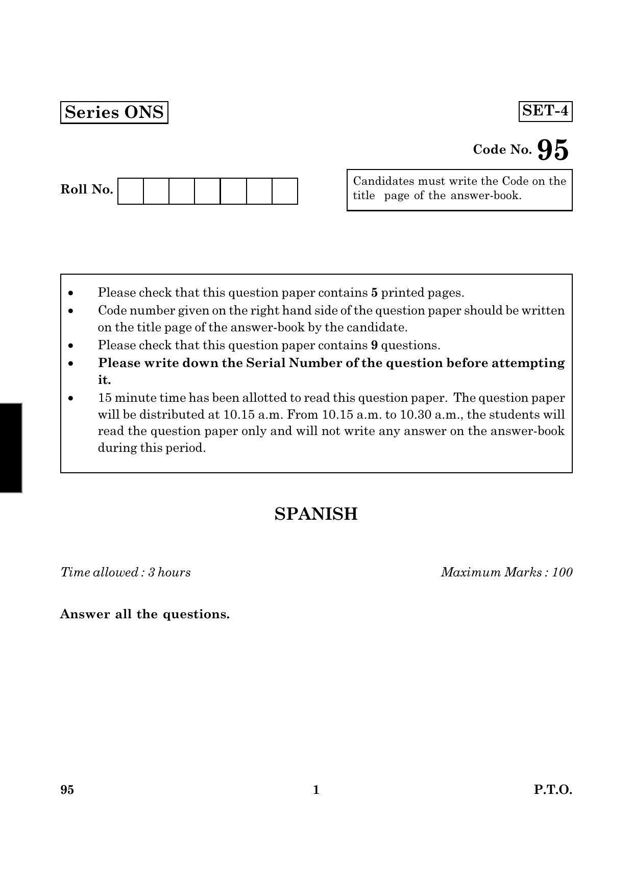 CBSE Class 12 095 SPANISH 2016 Question Paper - Page 1