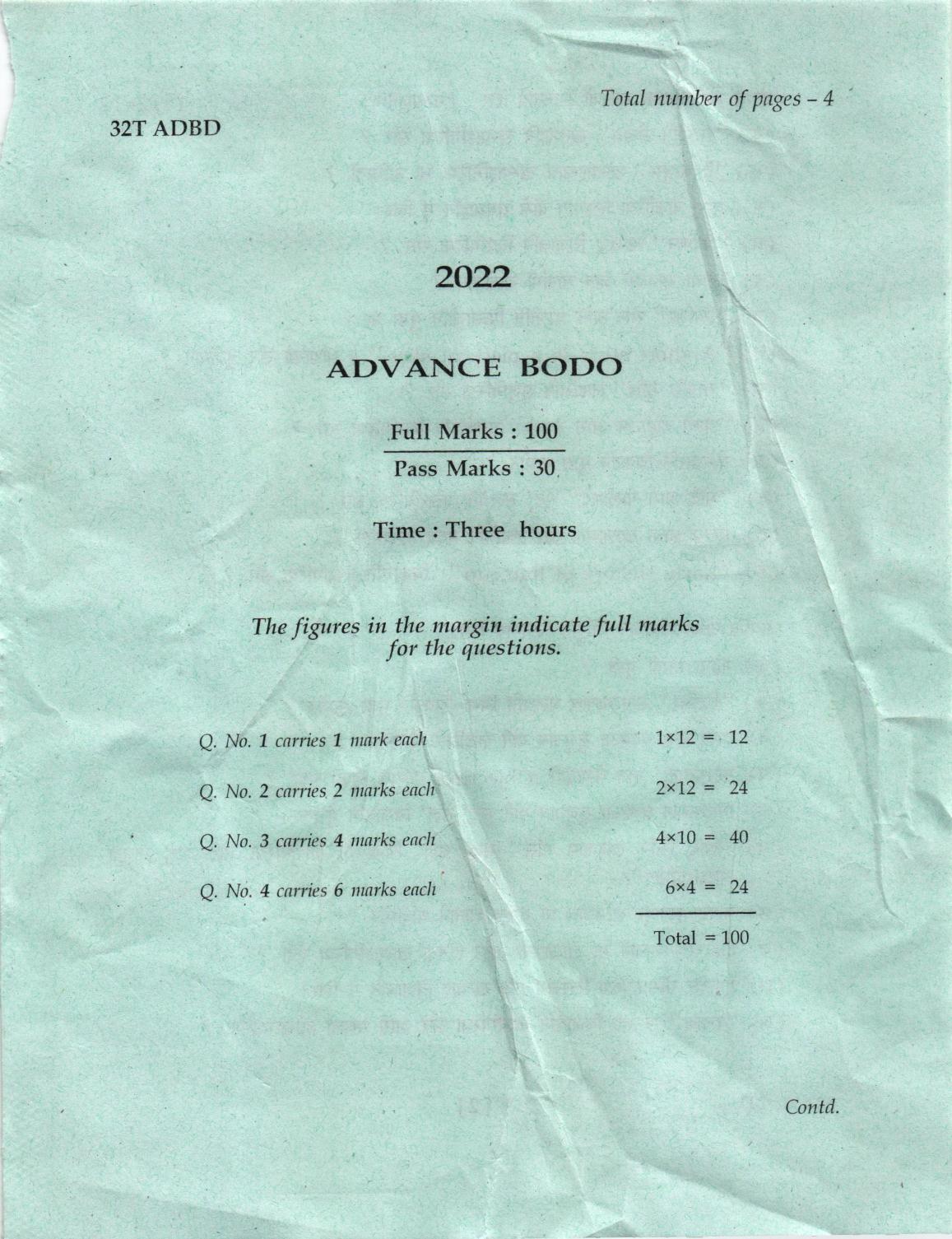 AHSEC Class 12 Advance Bodo Question Papers 2022 - Page 1