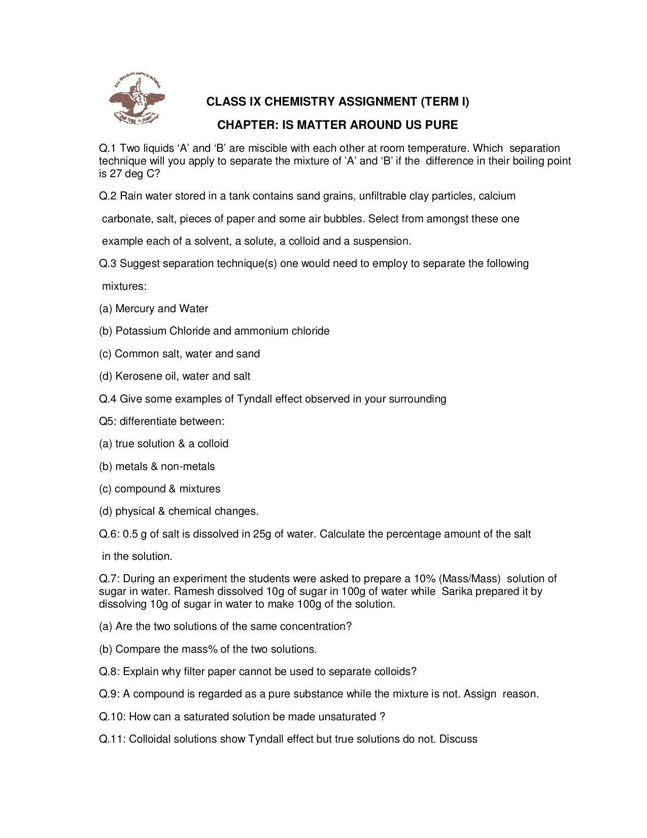 CBSE Worksheets for Class 9 Chemistry Is Matter Around Us Pure Assignment 1 - Page 1