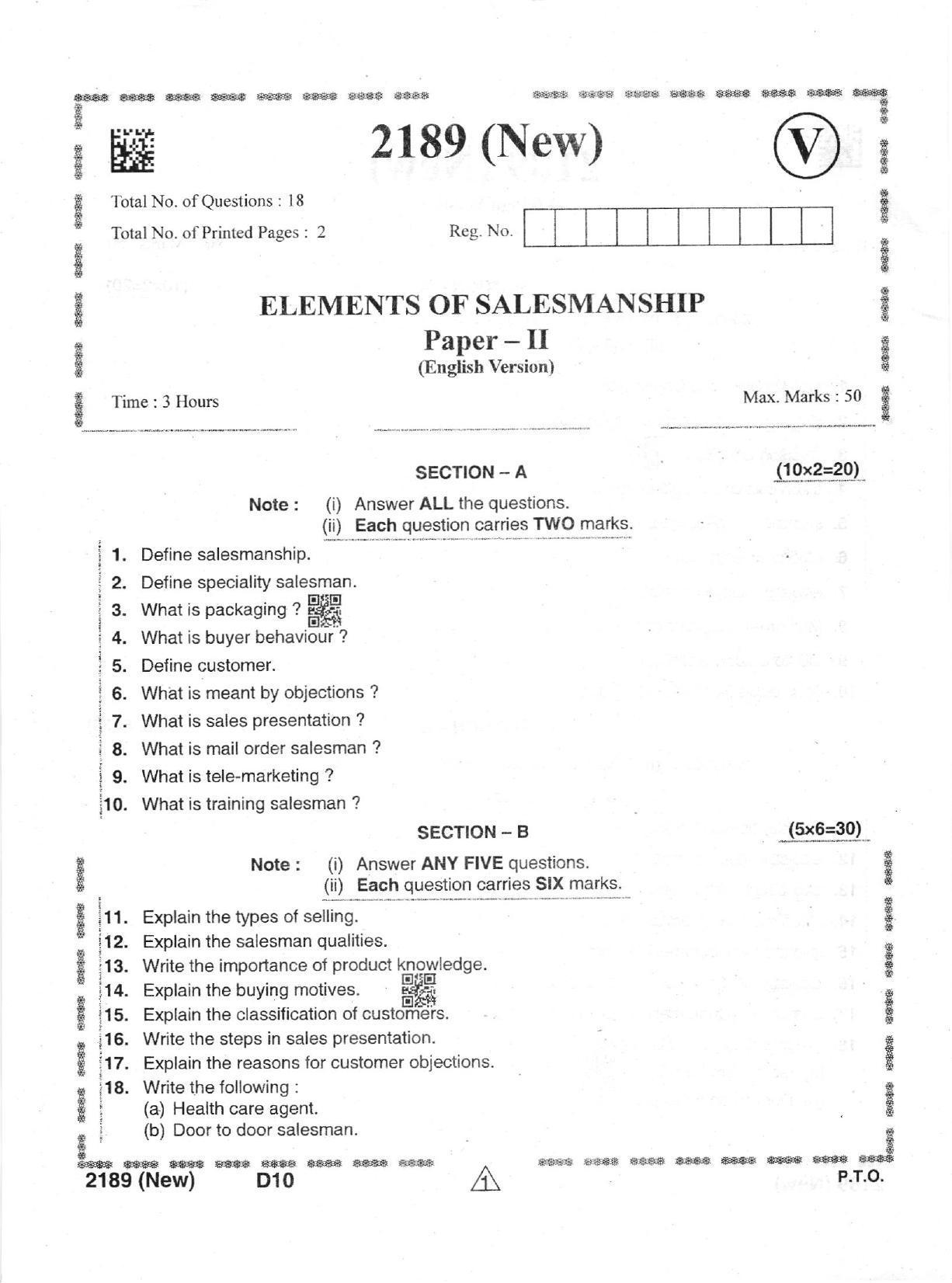 AP Intermediate 2nd Year Vocational Question Paper September-2021- Elements_of_Salesmanship(NEW)-II - Page 1