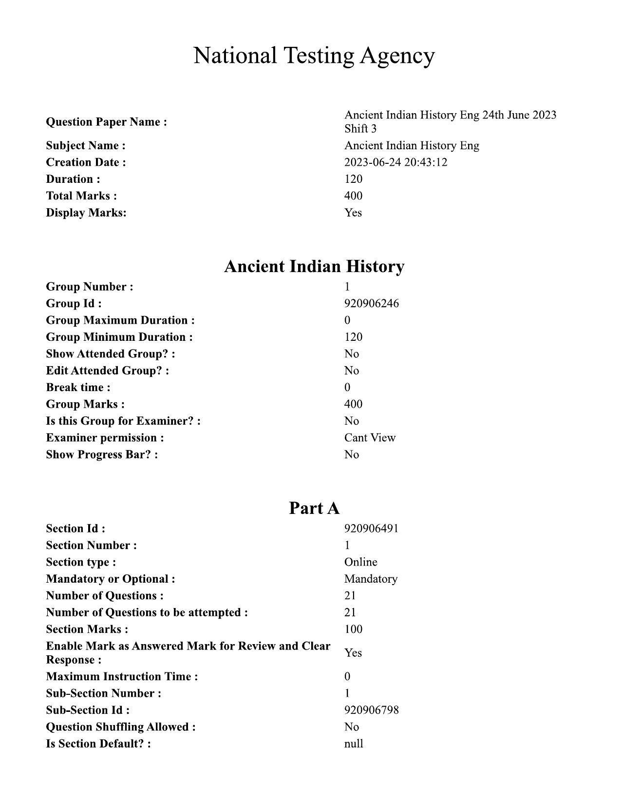 CUET PG 2023: HUQP01 – Ancient Indian History, Culture & Arch (Eng) - Shift 3 (24-06-2023) Question Paper  - Page 1