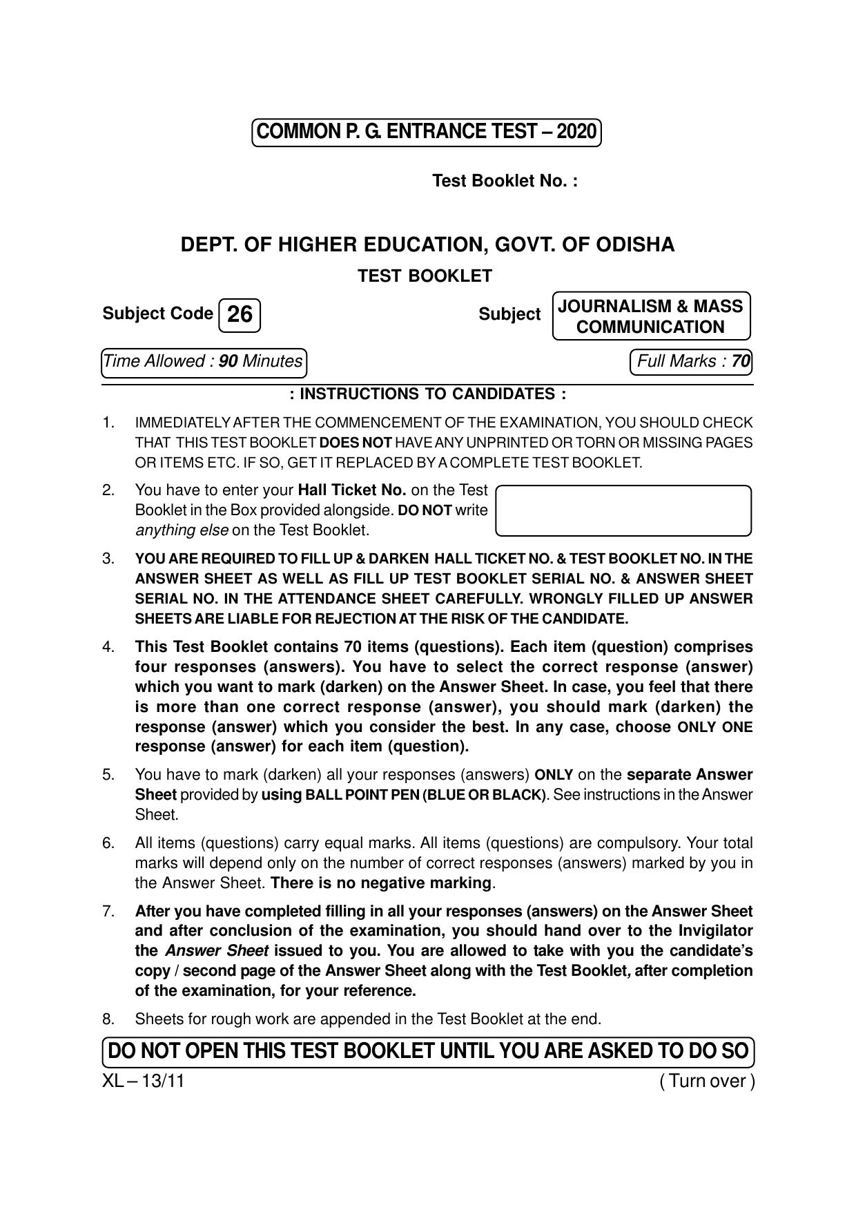 Odisha CPET JOURNALISM & MASS COMMUNICATION 2020 Question Paper - Page 1