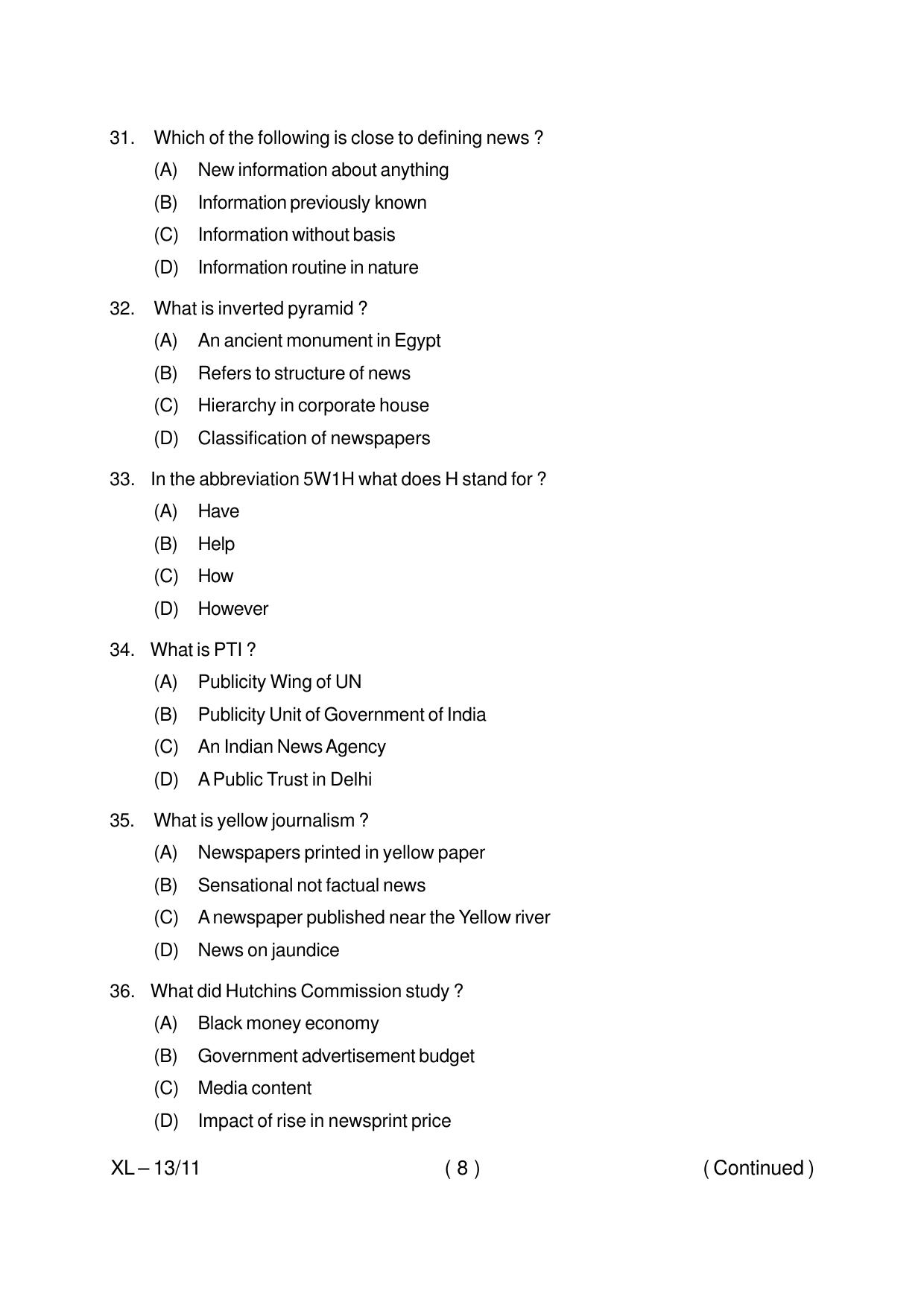 Odisha CPET JOURNALISM & MASS COMMUNICATION 2020 Question Paper - Page 8