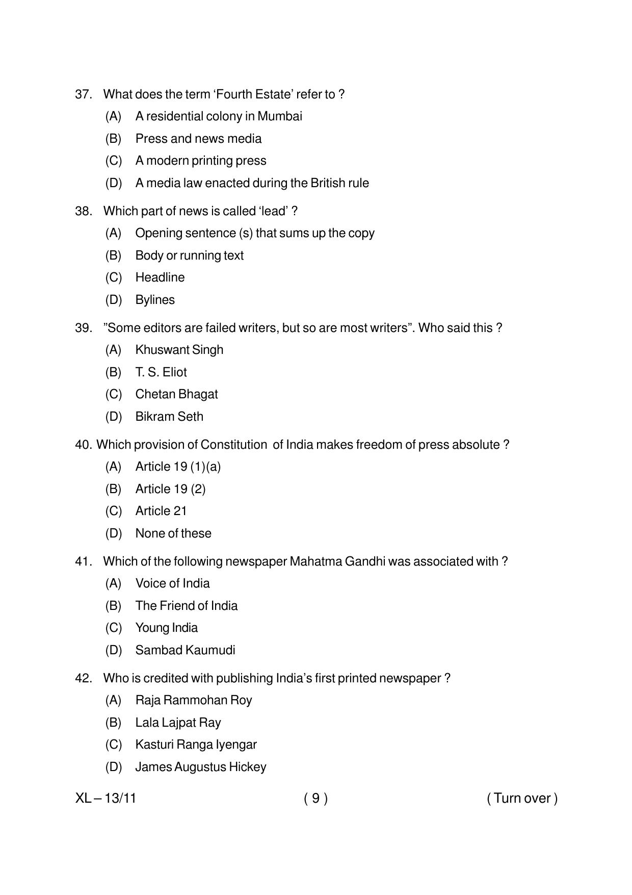 Odisha CPET JOURNALISM & MASS COMMUNICATION 2020 Question Paper - Page 9
